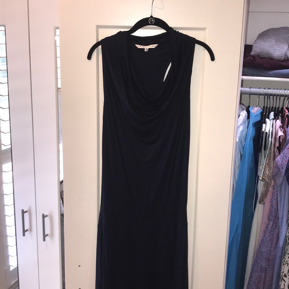 Trina Turk high low navy scoop neck dress